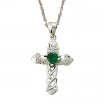 Sterling Silver 1 Claddagh Cross Necklace with Emerald Cubic Zirconia Stone on 18 Chain