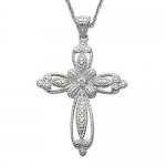 1 3/8 Sterling Silver Filigree/Pierced Cross Necklace with Crystal Cubi Zirconia Stones on 18 Chain