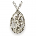 Sterling Silver 1 1/4 Oval Pierced St. Christopher Medal on 24 Chain.