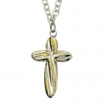 Sterling Silver 1 1/8 2-Tone Cross Necklace with Gold and Silver Lines on 22 Chain