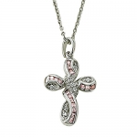 Sterling Silver 1 Twisthed Cross Necklace with Crystal and Rose Cubic Zirconia Stones on 18 Chain