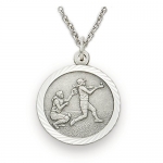 Sterling Silver 3/4 Round Girl's Softball Medal with Cross on Back on 18 Chain