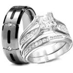 His & Hers 3 Pieces, 925 Sterling Silver & Titanium Engagement Wedding Rings Set (Size His 10 - Hers 5)