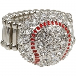 Crystal Baseball Softball Bling Ring with Red Enamel - Stretches to Fit Ring Sizes 8 to 11