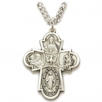 Sterling Silver Hand Engraved Five Way Medal for Catholics on 24 Stainless Steel Rhodium Finish Chain