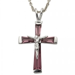 Sterling Silver February Birthstone Crucifix Necklace on 18 Inch Silver Plated Rhodium Finish Chain
