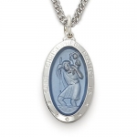 Sterling Silver 3/4Oval Blue Enameled Engraved St. Christopher Medal on 24 Chain