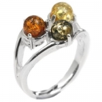 Multicolor Amber and Sterling Silver Tri-stone Ring Sizes 5, 6, 7, 8, 9, 10, 11, 12