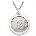 Sterling Silver 3/4 Round Hockey Player Medal with St. Christopher on the Back on 20 Chain