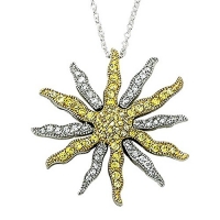 Sterling Silver 2-Tone Sunburst Necklace w/ Crystal & Topaz Cubic Zirconia Stones on 18 Chain