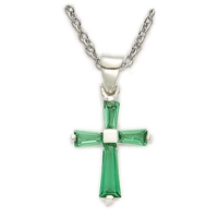Sterling Silver Girl's May Birthstone Cross on 16 Inch Silver Plated Rhodium Finish Chain