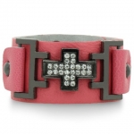 SuperJeweler A00361 Pretty In Pink Leather And Rhinestone Cross Cuff Bracelet, Fits 6 - 7 - 8 Inches