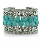 SuperJeweler A00129 Turquoise Bead And Silver Tone Chain Mesh Chunky 2 Inch Wide Cuff Bracelet, Fits 6.5 To 8 Inch Wrist