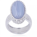 Rhodium-plated Sterling Silver and Oval-cut Blue Lace Agate Openwork Vintage Ring; Size 8.0