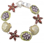 Silver Tone Magnetic Clasp Seashells, Starfish and Sand Dollars Charm Bracelet Women and Teens