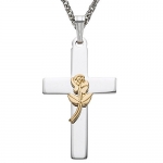 7/8 Sterling Silver 2-Tone Cross Necklace with Gold Rose on 18 Chain