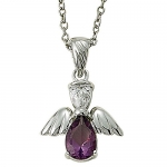 Sterling Silver 5/8 Amethyst February Birthstone Angel Wing Necklace on 18 Chain