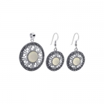 Sterling Silver Dangle Earrings and Pendant Jewelry Set with Mother of Pearl and Marcasite Accents