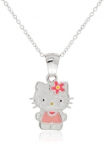 Hello Kitty Sterling Silver Pink Enamel Pendant Necklace with 18 Chain