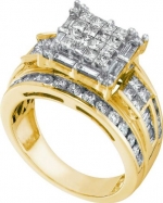 Ladies 14K Yellow Gold 2ct Princess Baguette Round Cut White Diamond Wedding Engagement Bridal Ring