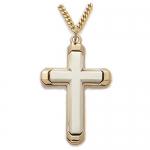 Exceptional Quality 24K Gold over Sterling Silver 2-Tone Cross Necklace Men's Religious Jewelry Pendant w/Chain 24 Length Gift Boxed