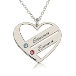 Love Pendant Heart Necklace with Birthstones - Birthstone Heart Necklace - Custom Made with Any Names (14 Inches)