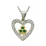Sterling Silver 1 2-Tone Heart Necklace Three Leaf Clover w/ Cubic Zirconia Stones on 18 Chain