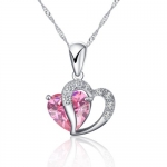 Rhodium Plated 925 Sterling Silver Pink Heart Shape Pendant Necklace Including 925 Sterling Silver Singapore Chain '16-18 inch