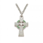Sterling Silver 5/8 Engraved Celtic Cross Necklace with Green Enamel on 18 Chain