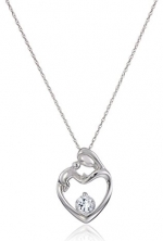 10k White Gold Created Sapphire and Diamond Accent Mother and Baby Heart Pendant Necklace, 18