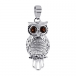 UCPS001 Polished 925 Sterling Silver 4mm Round Garnet Color Cubic Zirconia Owl 15mm wide Pendant