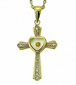 14k Gold Plating Over Sterling Silver Mustard Seed Cross w/ Heart & Cubic Zirconia Stones on 18 Chain