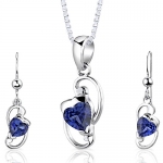 Created Sapphire Pendant Earrings Necklace Sterling Silver Heart Shape 2.00 Carats