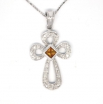14 K White Gold Citrine / Diamond Cross Pendant