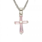 Sterling Silver Girl's October Birthstone Cross on 16 Inch Silver Plated Rhodium Finish Chain