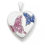Sterling Silver Pink and Blue Enameled Butterflies 18mm Heart Locket Pendant