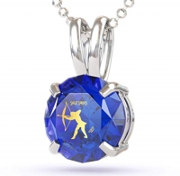 Sagittarius Necklace - Silver Zodiac Pendant Inscribed in 24kt Gold Blue Spphire CZ Astrology Jewelry