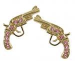 Small Gold Tone PINK Crystal Handgun Gun Pistol Stud Earrings for Teens and Women Fashion Jewelry