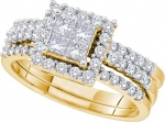 Women's 14K Yellow Gold 1ct Princess and Round Cut Diamond Wedding Engagement Bridal Ring Set