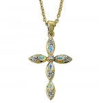 14k Gold Plating Over Sterling Silver 1 Cross Necklace w/ Opal Stones and Cubic Zirconia Stones