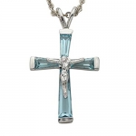 Sterling Silver March Birthstone Crucifix Necklace on 18 Inch Silver Plated Rhodium Finish Chain