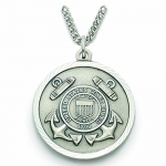 Sterling Silver 1 Round Engraved U.S. Coast Guard Medal w/ St. Michael on Back o n 24 Chain