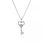 Rhodium Plated Brass CZ Accent Heart Key Pendant Charm Necklace