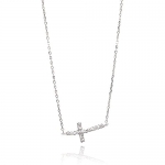 Rhodium Plated .925 Sterling Silver Bended Cubic Zirconia Sideways Cross Charm Necklace with 16-18 Adjustable Chain