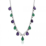 925 Sterling Silver Multi Tear Drop Agate, Amethyst, and Labradorite Gemstone Necklace, 17 inches