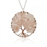 Silver-Plated Brass Copper Trunk Tree of Life Long Pink Rose Quartz Gemstone Necklace, 30 inches