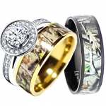 3pc Mens & Womens Halo Sterling Silver & Titainium Camo Gold Black plated Engagement Wedding Ring Set (Size Men 12; Women 7)
