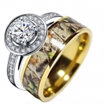 Sterling Silver Gold Plated Titanium Camo 2pc Engagement Wedding Ring Set #SP18RWC04 (Size Women 6)