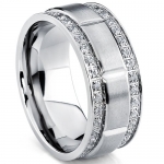 Men's Titanium Wedding Band Ring with Double Row Cubic Zirconia, Comfort Fit Sizes, 9MM Size 9