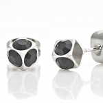 Unique 3D Cube Stainless Steel Silver Black CZ Stud Earrings for Men